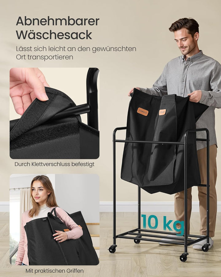 SONGMICS Wäschekorb mit Rollen, Wäschesammler 2 Fächer, 140 L Wäschesortierer, beweglicher Wäschewag