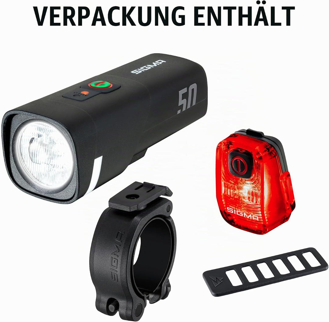 SIGMA LED Fahrradlicht Set Aura 50/ Hiro 10 | StVZO zugelassenes, akkubetriebenes Vorderlicht und Rü