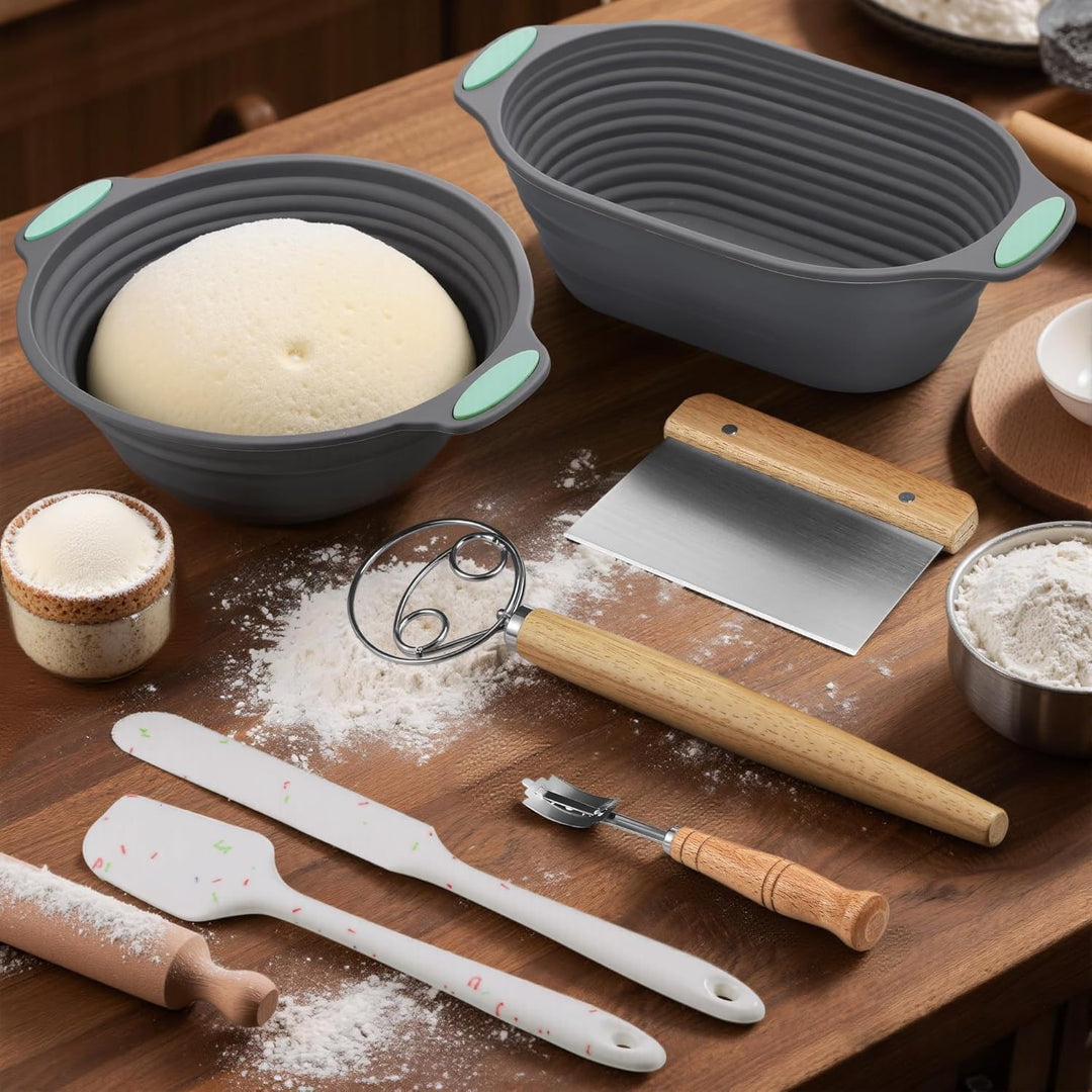 Sauerteig Starter Set zum Brot Backen, Gärkorb Set aus 2er Faltbar Gärkörbchen Silikon, 2er Teigscha