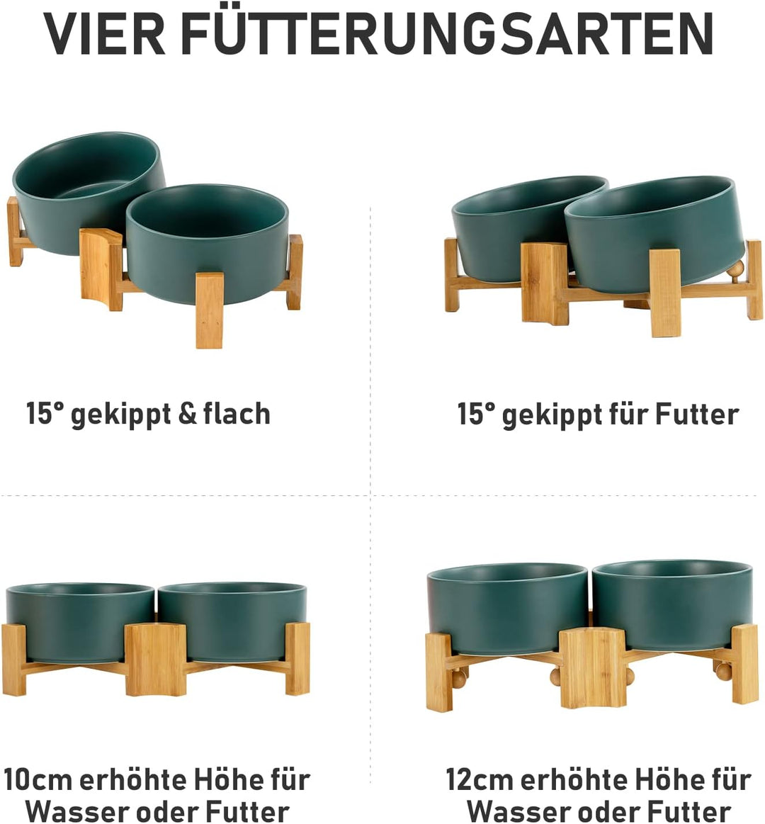 SPUNKYJUNKY Kippbarer Hundenapf Keramik Doppel Hund Futternapf mit Bambus Ständer 0° und 15° Neigung