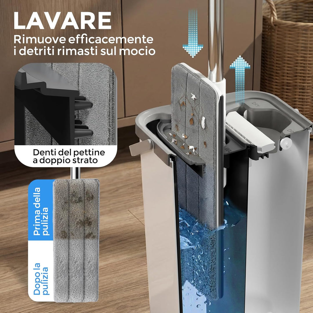 Masthome Bodenwischer Set mit Eimer,Wischmopp Set mit Edelstahlgriff und 4 Mikrofaser Moppkopf, Putz