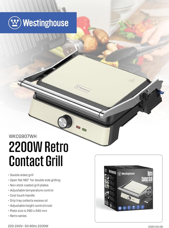Westinghouse Retro-Kontaktgrill - 29 x 24 cm - 180° für beidseitiges Grillen - 2200W - Toaster - Ein