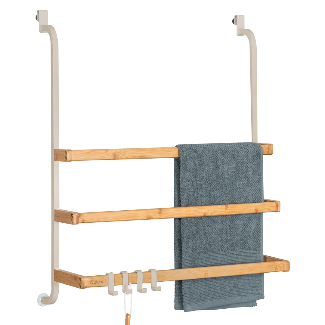 eluno Handtuchhalter für die Glasduschwand aus Metall und Bambus, Handtuchhalter mit 3 Handtuchstang