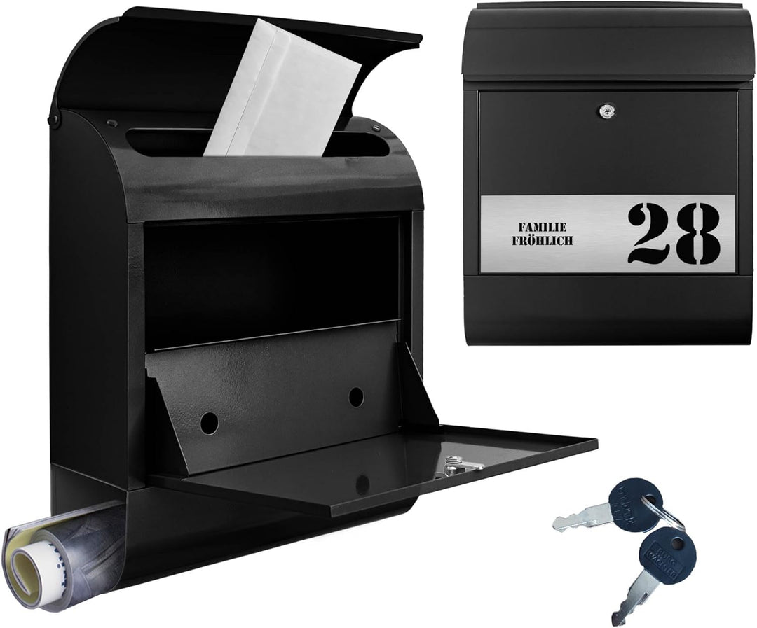 banjado® Briefkasten personalisiert mit graviertem Namensschild in Silber/Briefkasten schwarz 39x47x