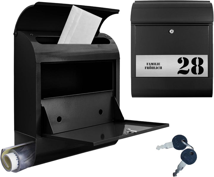 banjado® Briefkasten personalisiert mit graviertem Namensschild in Silber/Briefkasten schwarz 39x47x
