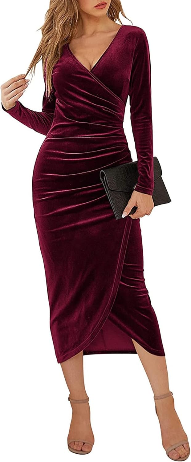 Yutdeng Kleid Lang Damen Elegant Partykleid Samt V Ausschnitt Cocktailkleid Abendkleid Bodycon Kleid