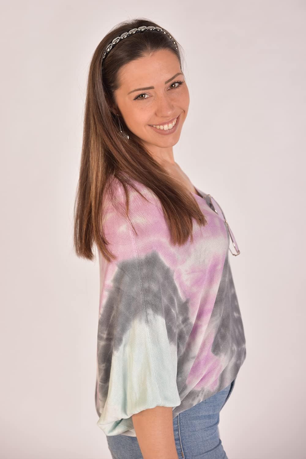 styleBREAKER Damen Feinstrick Poncho mit Batik Muster, 3/4 Ärmel, V-Ausschnitt, sommerlich leicht, E