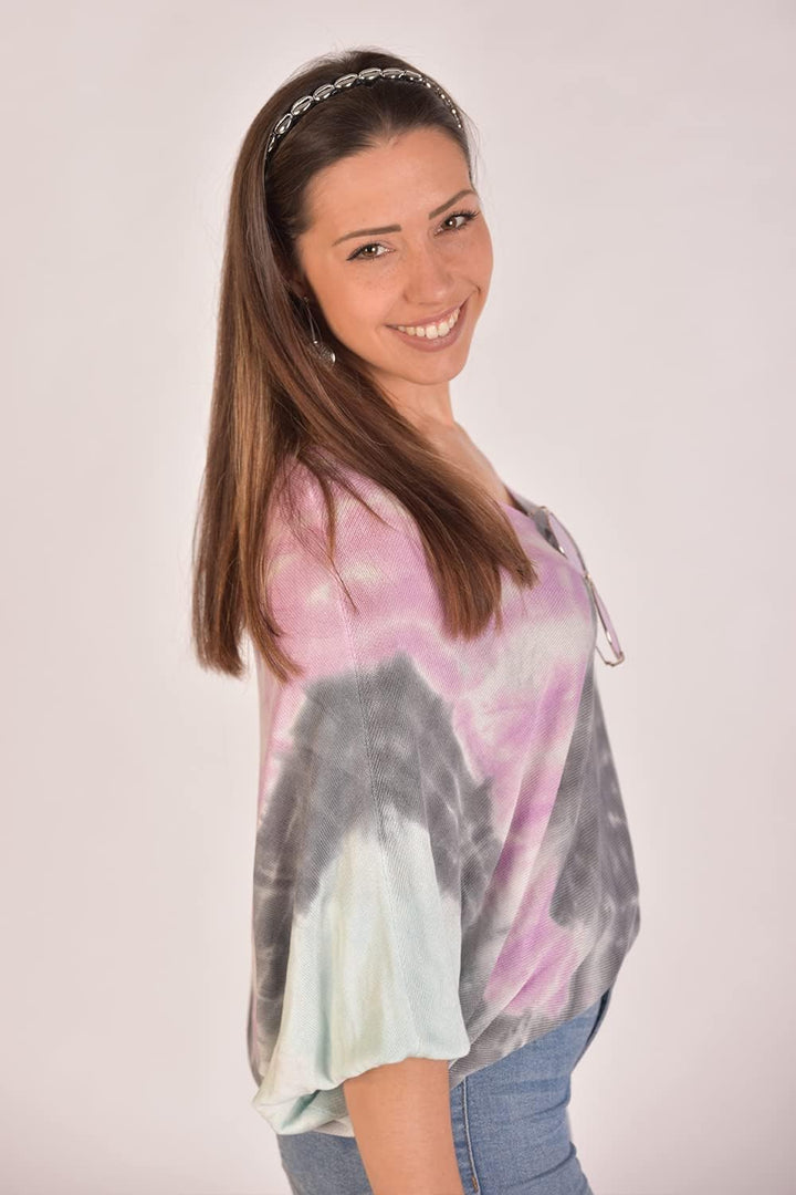 styleBREAKER Damen Feinstrick Poncho mit Batik Muster, 3/4 Ärmel, V-Ausschnitt, sommerlich leicht, E