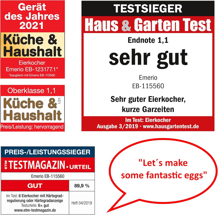 EMERIO einzigartiger sprechender Eierkocher in markant amerikanischem Englisch | kocht alle drei Gar