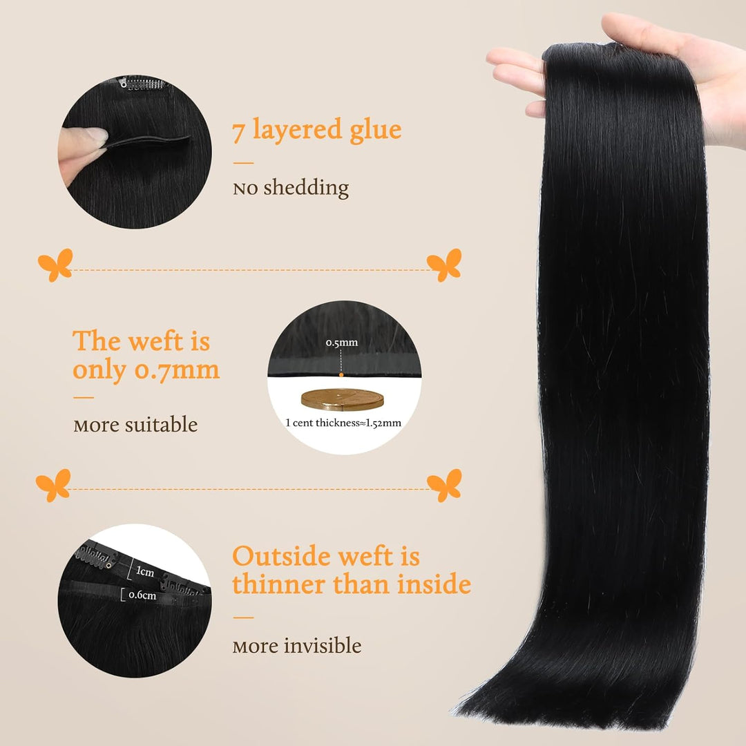 DOORES Echthaar Extensions Seamless, Tief Schwarz 35cm 14 Zoll 7 Stück 110g Remy Menschlich Clips in