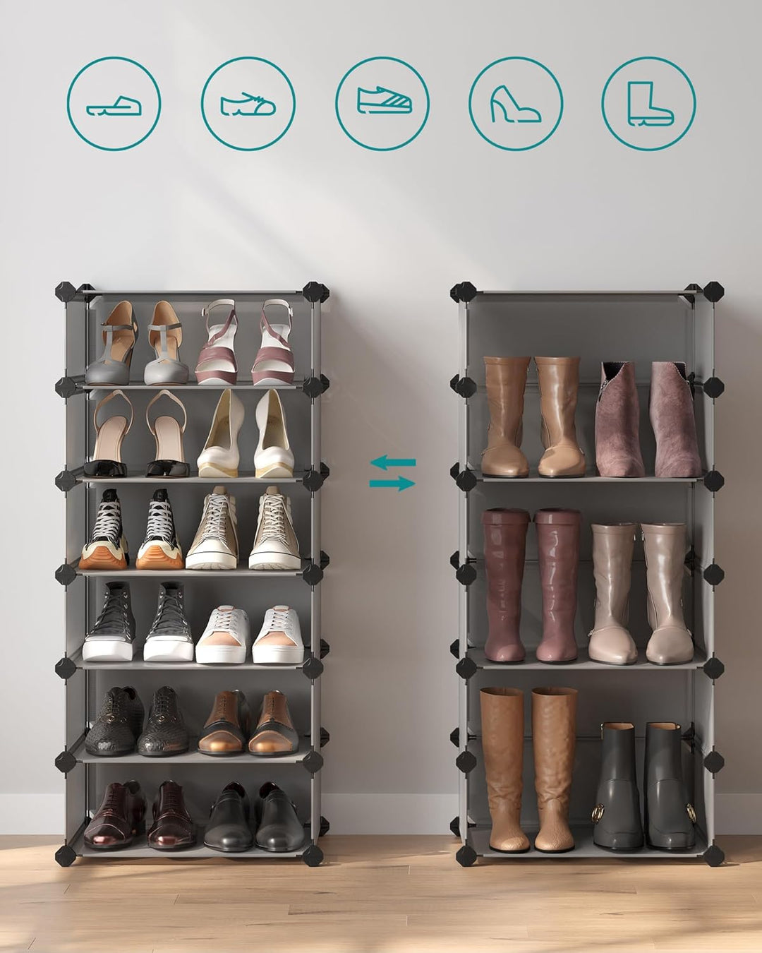 SONGMICS Schuhregal mit 10 Ebenen, Steckregal, Regalsystem, Schuh-Organizer, DIY-Regal, mit Tür, aus