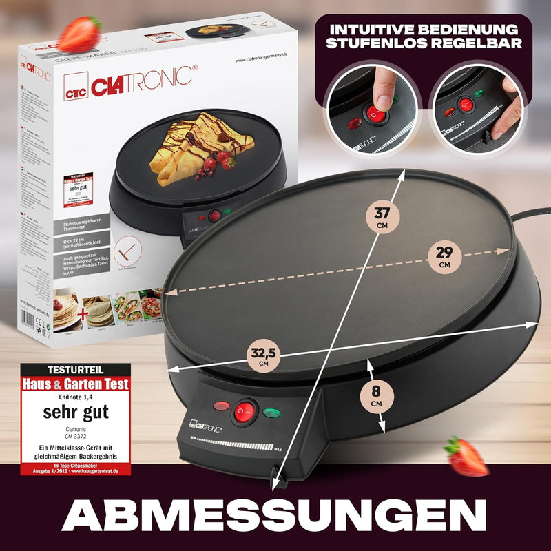 Clatronic CM 3372 Crepe-Maker, antihaft-beschichtete Platte: Ø 29 cm, Set inkl. Teigverteiler, Crepe