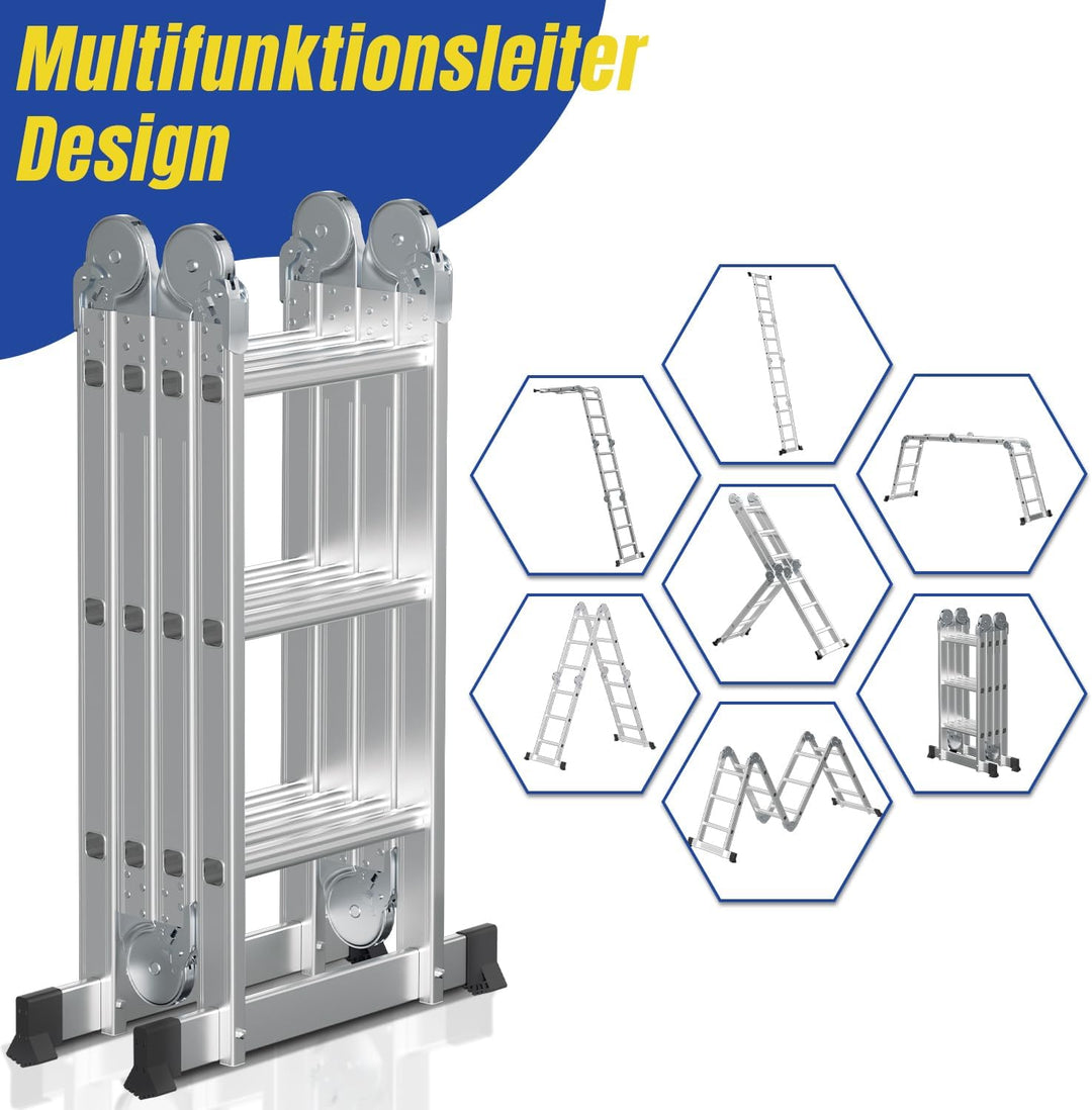 Mehrzweckleiter 4x3, 7in1 Multifunktionsleiter 366CM Alu Vielzweckleiter Klappleiter mit 2 Plattform