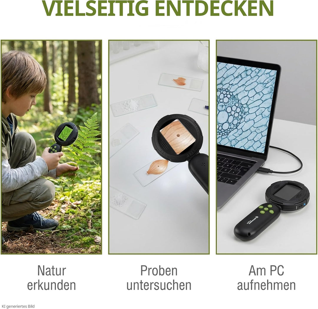Bresser Digitales Handmikroskop für Kinder & Eltern 10× optisch/bis 40× digital, 8 dimmbare LEDs, Fo