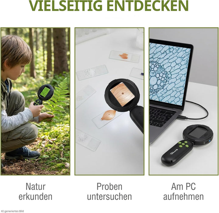 Bresser Digitales Handmikroskop für Kinder & Eltern 10× optisch/bis 40× digital, 8 dimmbare LEDs, Fo