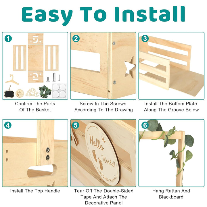 Babyparty Geschenk mit Holz, Babykorb mit 6 Holzkleiderbügel und Dekorblättern, Geschenkkorb Baby Ko