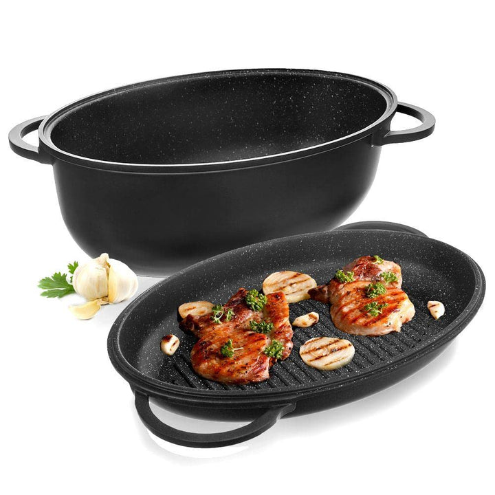 Ovale Bratpfanne Antihaft-Bratpfanne Grillpfanne zum Backen Braten Bräter mit Deckel tief 2in1 10 L