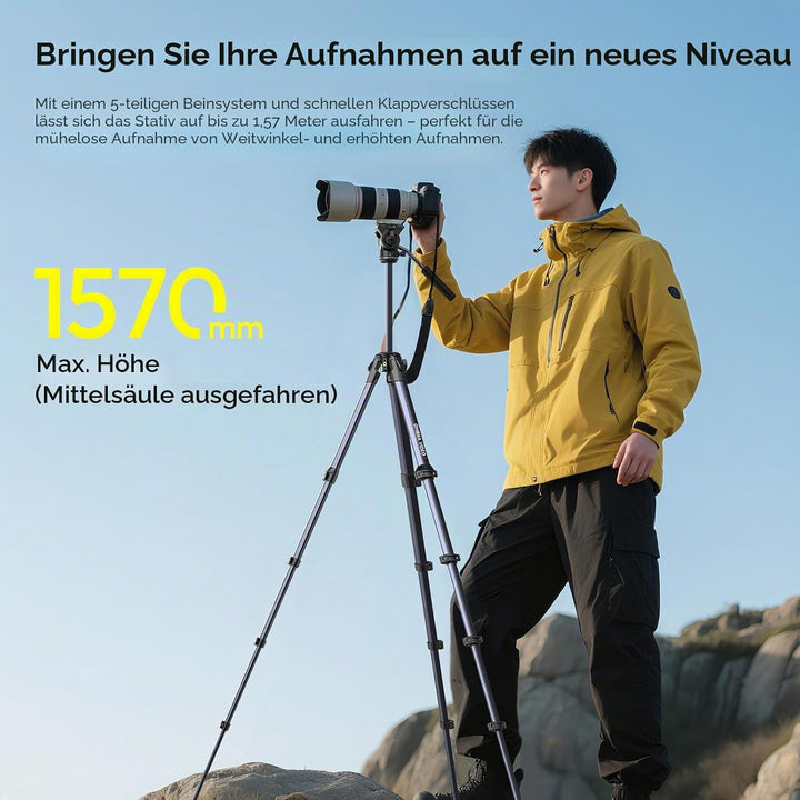 ULANZI Ombra Video II 157cm Videostativ mit Fluidkopf 360° Pan&-70°/+90° Tilt Pan, Travel Tripod mit