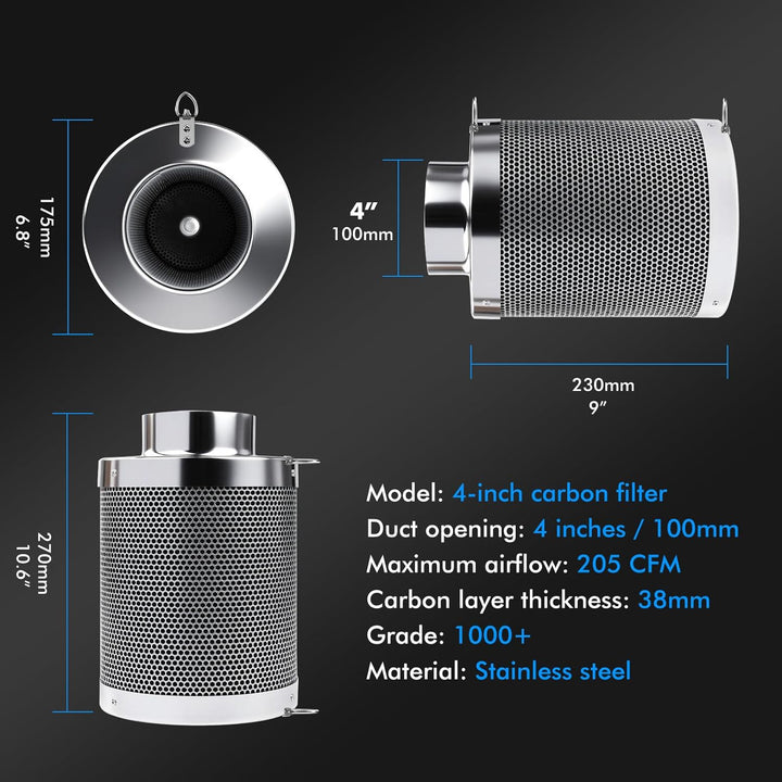 Aktivkohlefilter 100mm,4 Inch Kohlefilter Air Carbon Filter mit Seil zum Aufhängen,für Rohrventilato