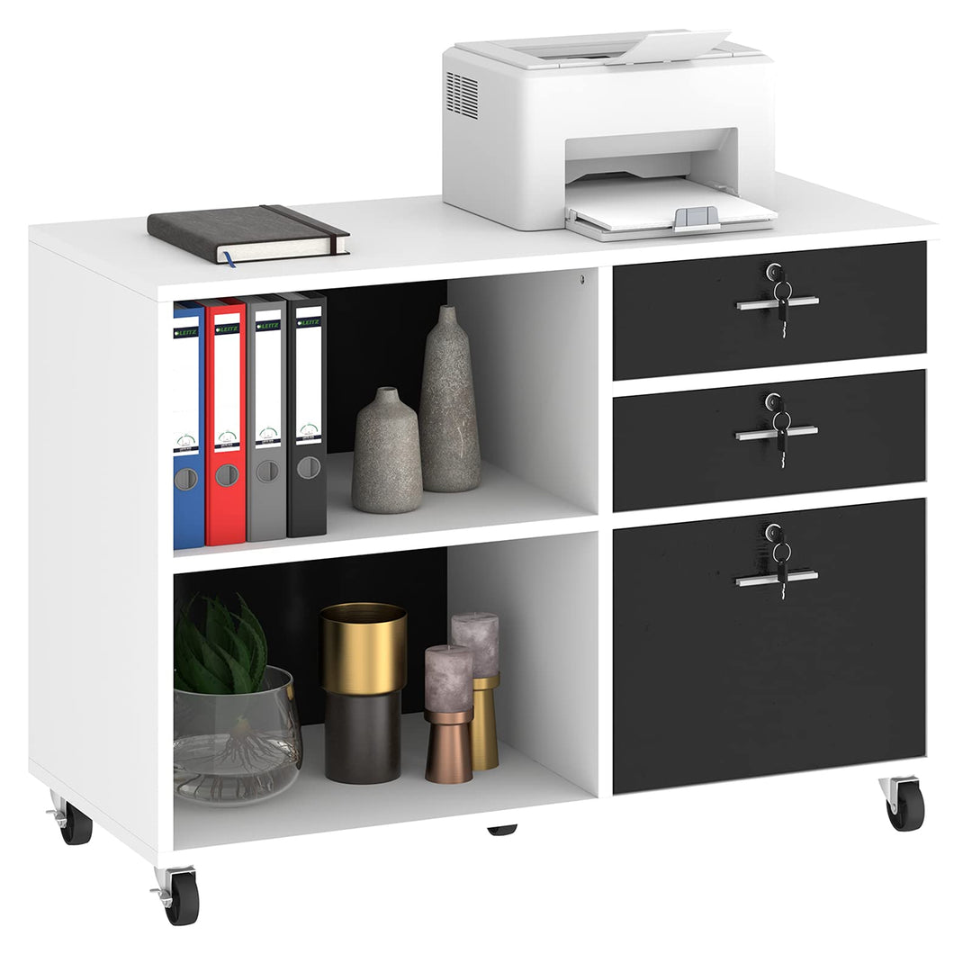 YITAHOME Rollcontainer, Aktenschrank mit 3 Schubladen und 2 Fächern, Mobile Dokumentenschrank mit Um