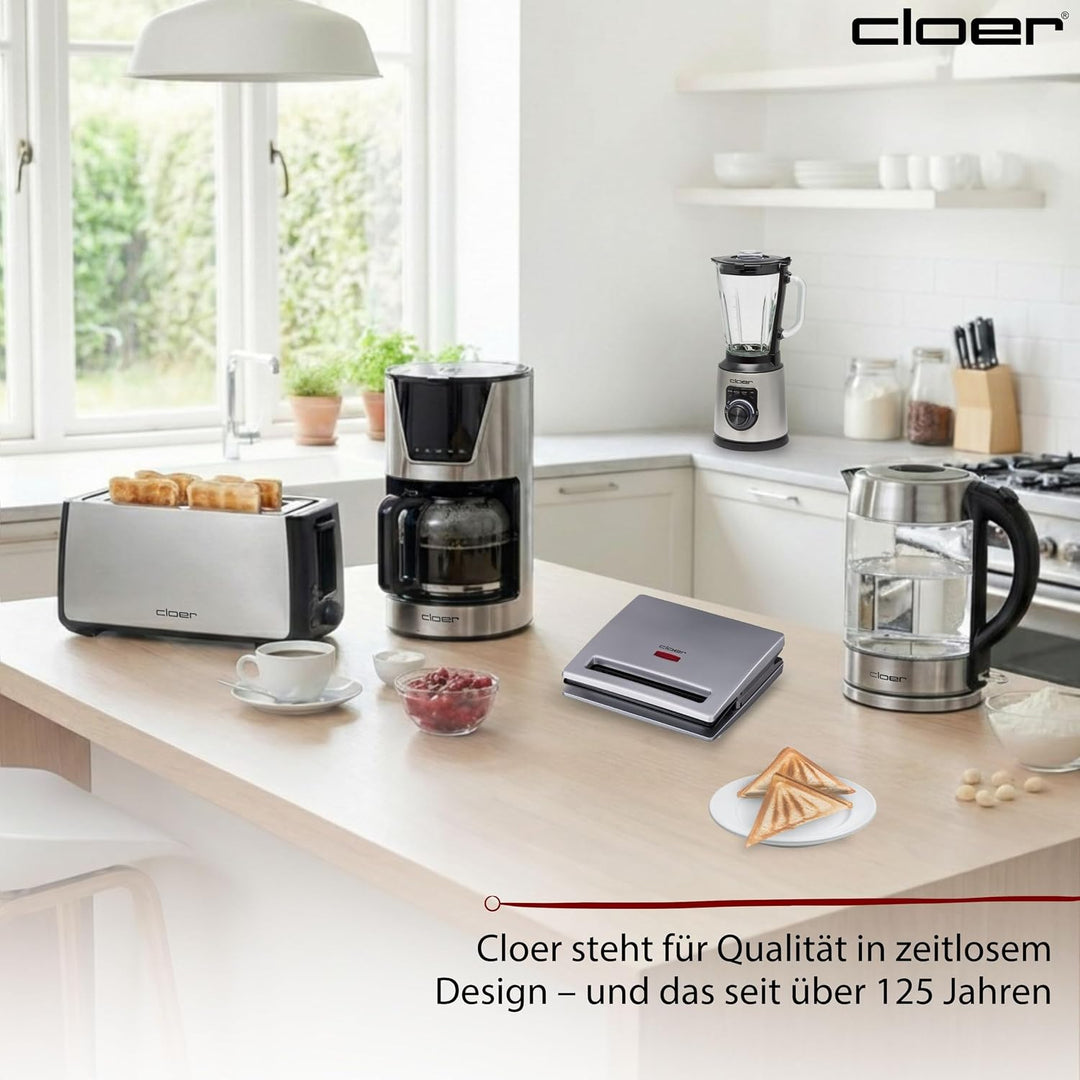 Cloer 6219 Sandwichmaker, 900 W für 2 diagonal geteilte Toasts, optische Fertigmeldung, silber Silbe
