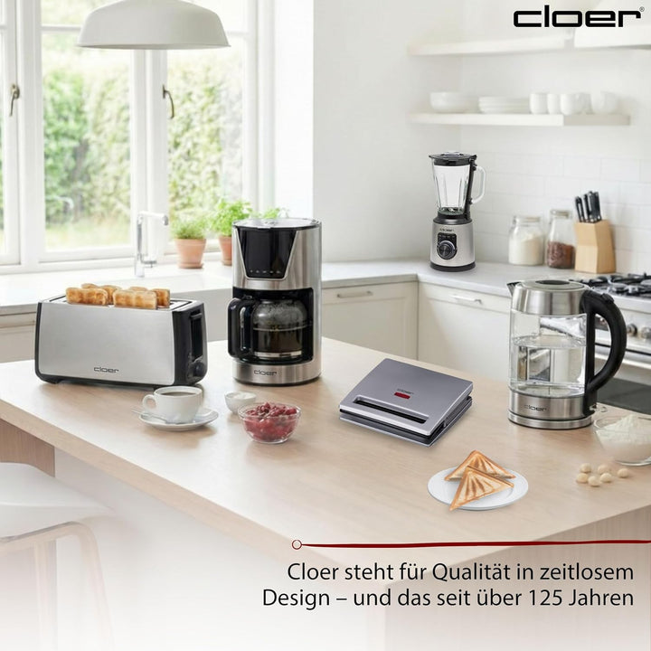 Cloer 6219 Sandwichmaker, 900 W für 2 diagonal geteilte Toasts, optische Fertigmeldung, silber Silbe