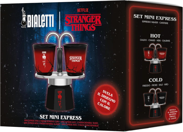 Bialetti Mini Express Stranger Things Set – Espressokocher für 2 Tassen (130 ml), inkl. 2 wärmeempfi