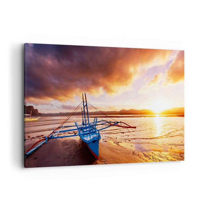 Bilder auf Leinwand 100x70cm Leinwandbild mit Rahmen Ufer Boot Strand Gross Wanddeko Bild Schlafzimm
