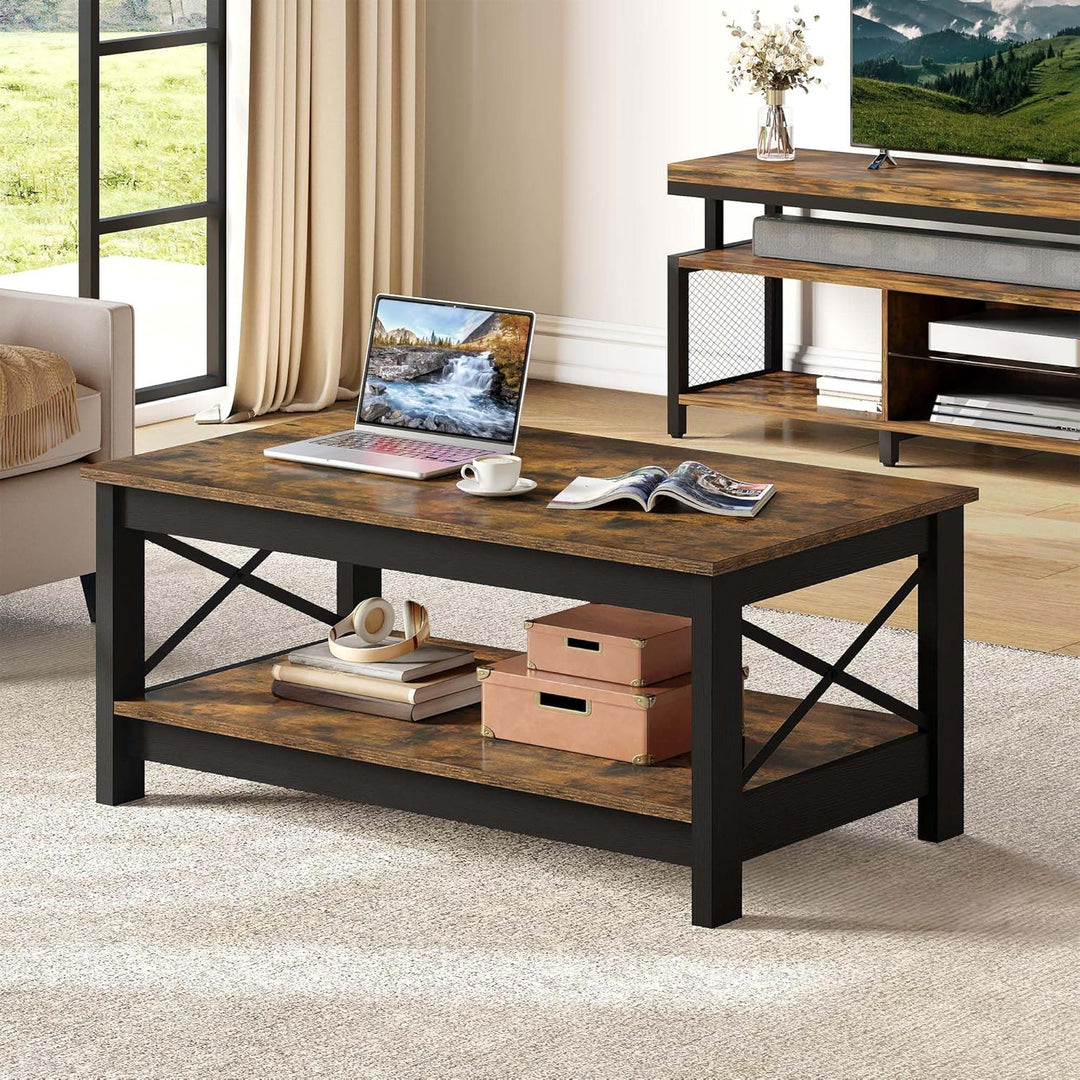 YITAHOME Couchtisch, Wohnzimmertisch, 2-stöckiger Dicker Holz Rechteckiger Couchtisch, X-Form Metal