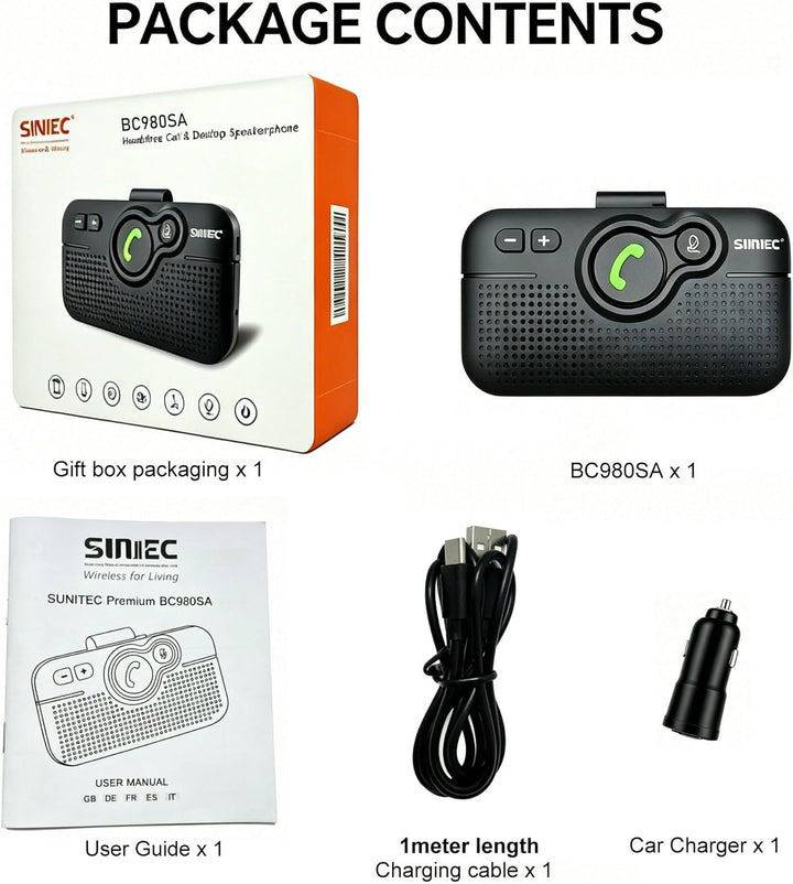 SUNITEC Freisprecheinrichtung für Auto,Bluetooth 5.0,Unterstützt GPS,Siri,Musik,Auto Power On,Google