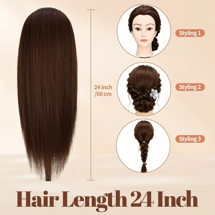 Yofuly 24Zoll / 61cm Frisierkopf mit Ständer, 80% Echthaar Übungskopf Puppenkopf mit Ohrlöchern, Fri