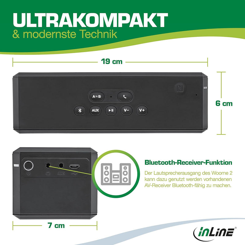 InLine WOOME 2 – Bluetooth Lautsprecher, Musikbox mit True Wireless Stereo (TWS), NFC, aptX, satter