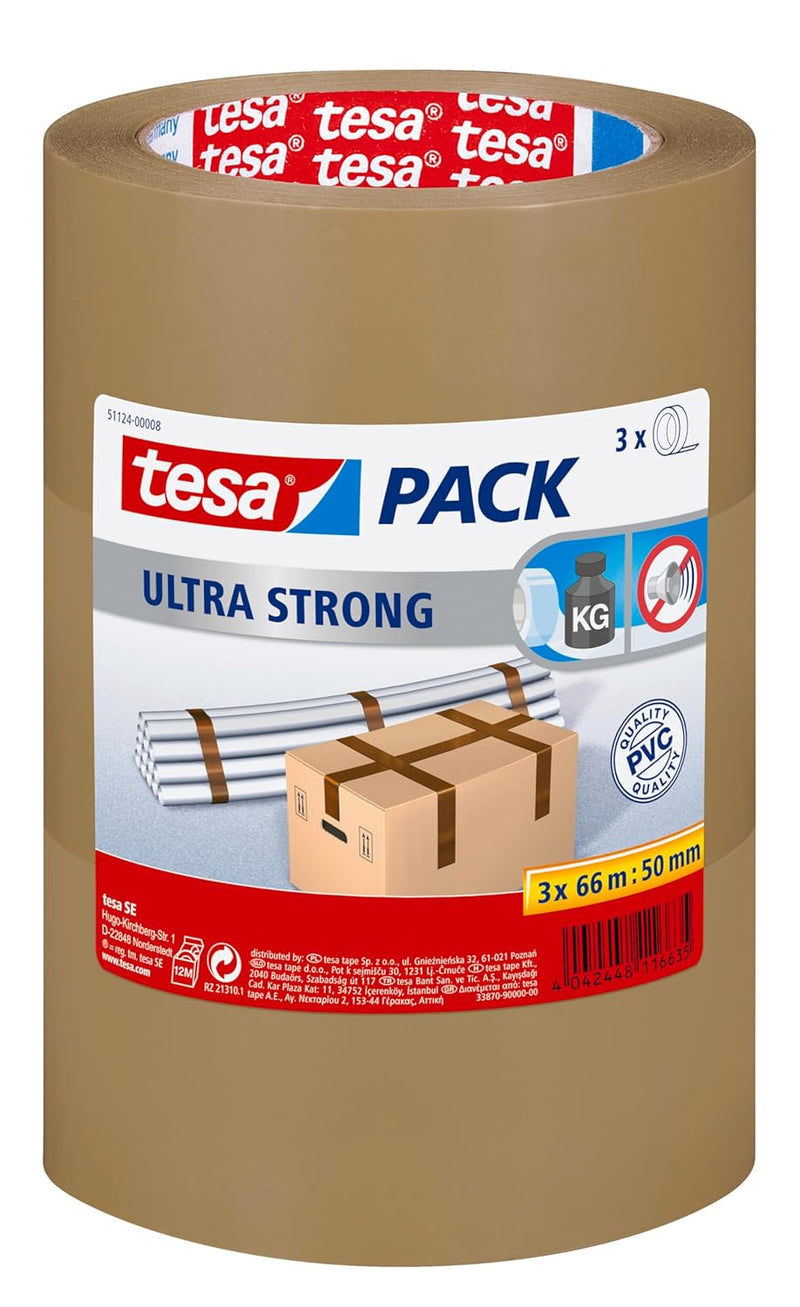 tesapack Ultra Strong - PVC-Klebeänder für festes Verpacken und sicheres Bündeln - Braun - 66 m x 50