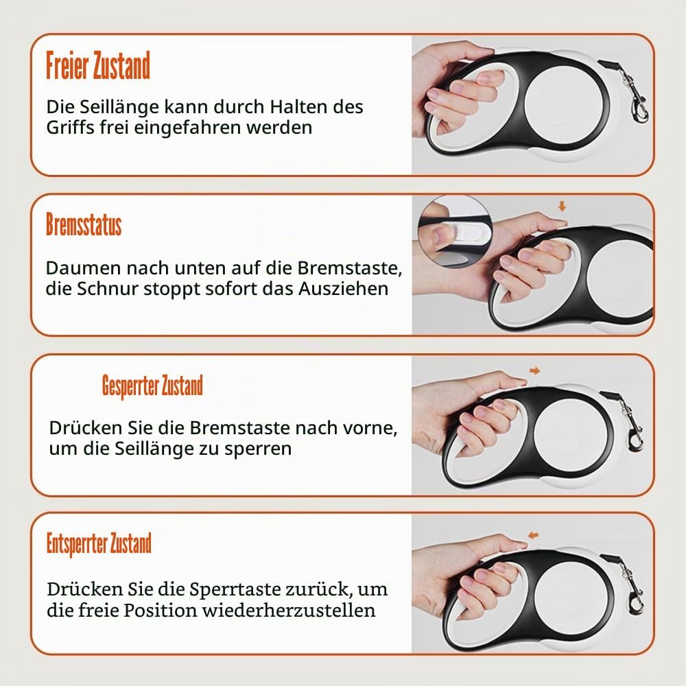 Einziehbare Hundeleine, 3/5 m, 30 kg, Robuste Hundeleine mit LED Taschenlampe, Einhandbremse Haustie