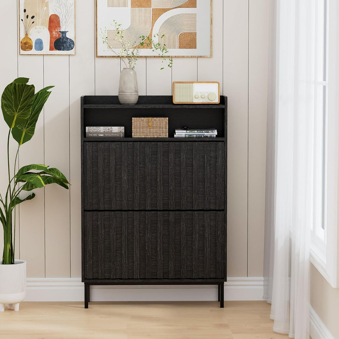 UEV Schuhschrank mit 2 Klappen Schmal, Schuhkipper für Flur Wohnzimmer, Schuhkommode mit Kippschutz,