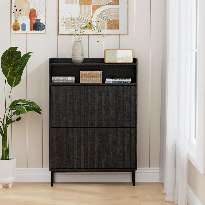 UEV Schuhschrank mit 2 Klappen Schmal, Schuhkipper für Flur Wohnzimmer, Schuhkommode mit Kippschutz,