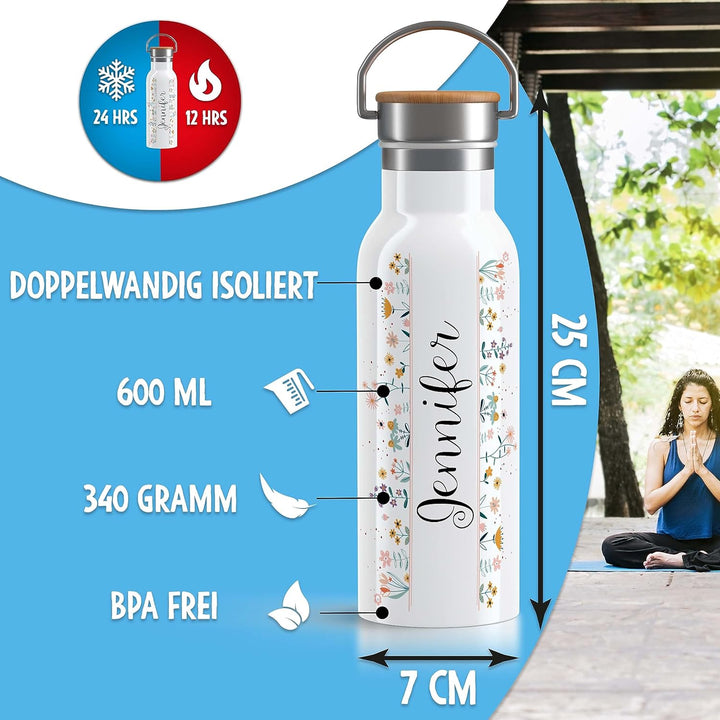 OWLBOOK Blumen Kringelschrift Trinkflasche personalisiert Erwachsene Frauen Edelstahl 600ml - Thermo