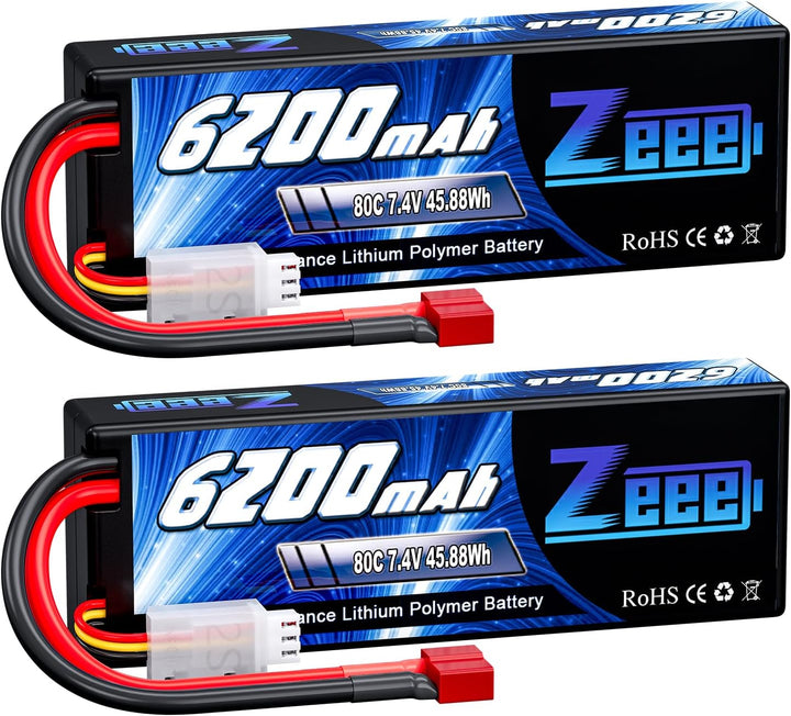 Zeee 2S Lipo Akku 7,4V 80C 6200mAh mit Deans Steck Hardcase RC Batterie für RC Auto RC Flugzeug RC H