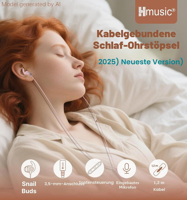 Hmusic Schlaf Ohrhörer, 30dB Geräuschisolierung, 2g leicht 3,5mm Kopfhörer, flach/dünn Komfortable S