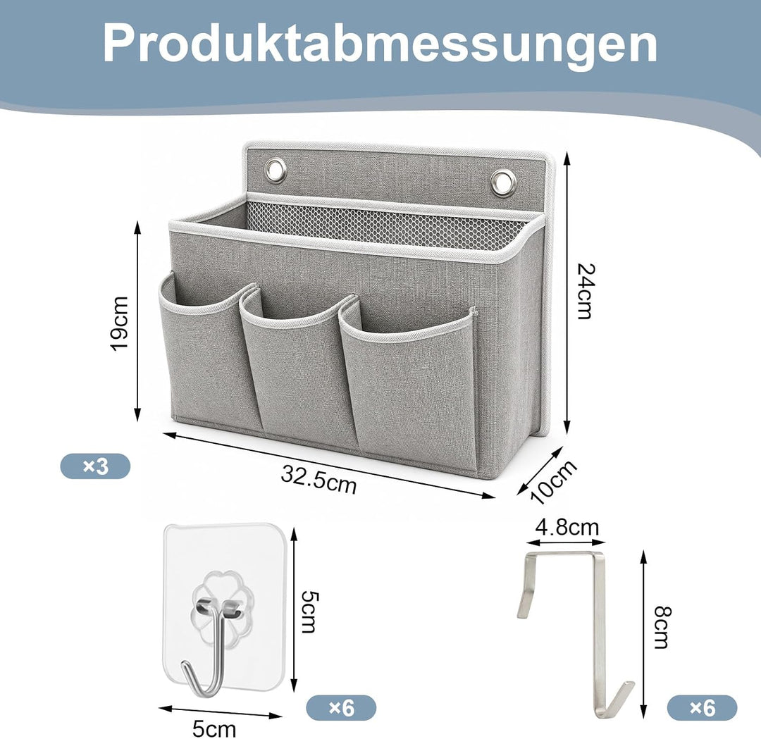 ZYNERY 3 Stück Hängeorganizer Grau mit 3 Taschen, Hängeorganizer Camping, 6 Selbstklebehaken + 6 Nor