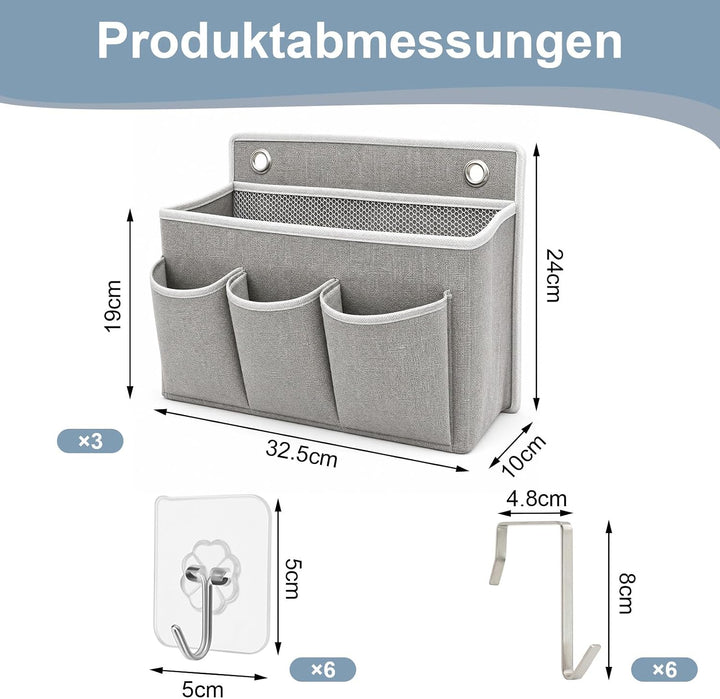 ZYNERY 3 Stück Hängeorganizer Grau mit 3 Taschen, Hängeorganizer Camping, 6 Selbstklebehaken + 6 Nor