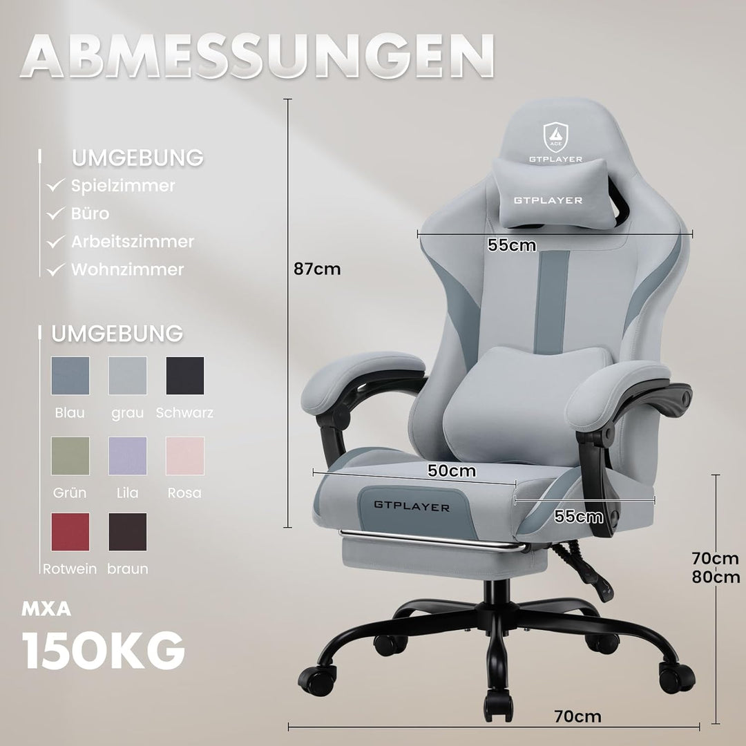 GTPLAYER Gaming Stuhl Bürostuhl Ergonomisch Gaming Sessel mit Kopfstütze und Cloud-Lendenkissen, Gep