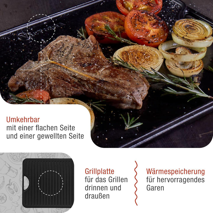 VICTORIA Grillplatte Emailliertes Gusseisen Grillpfanne 50 X 35cm Doppelseitig Verwendbar, für Feuer