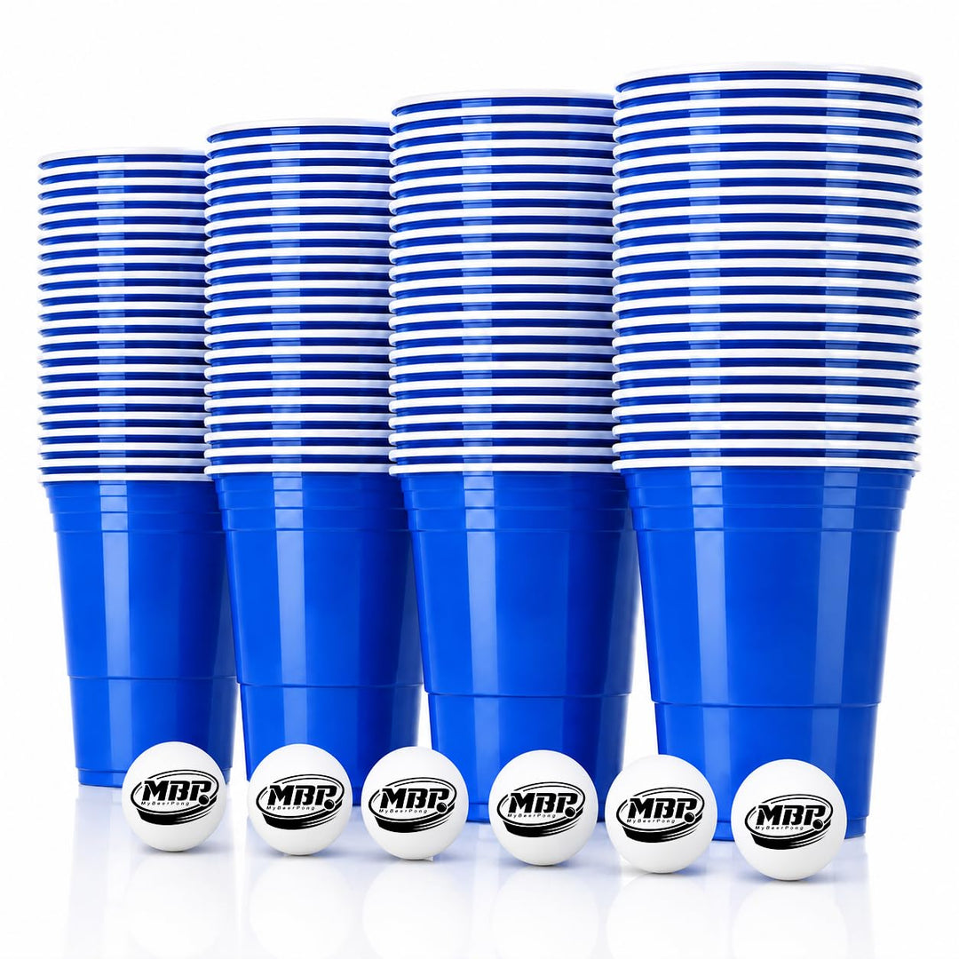 MYBEERPONG® Blaues Bierpong Becher Set: 100 Blue Cups (Markierung 0,4l + 0,5l) + 6 Beer Pong-Bälle -