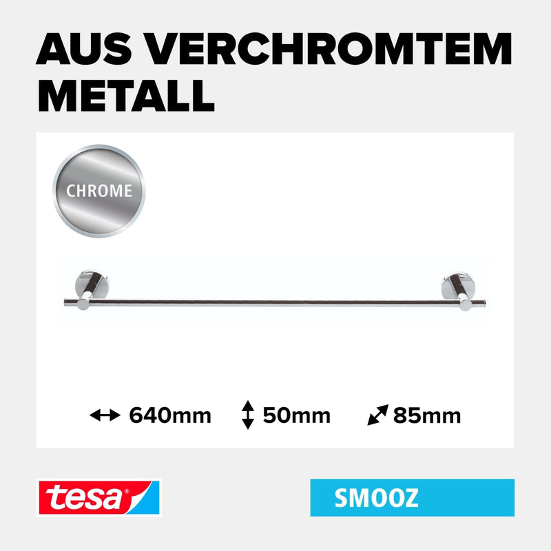 tesa SMOOZ Handtuchstange, verchromt - Badetuchhalter - zur Wandbefestigung ohne Bohren, inkl. Klebe