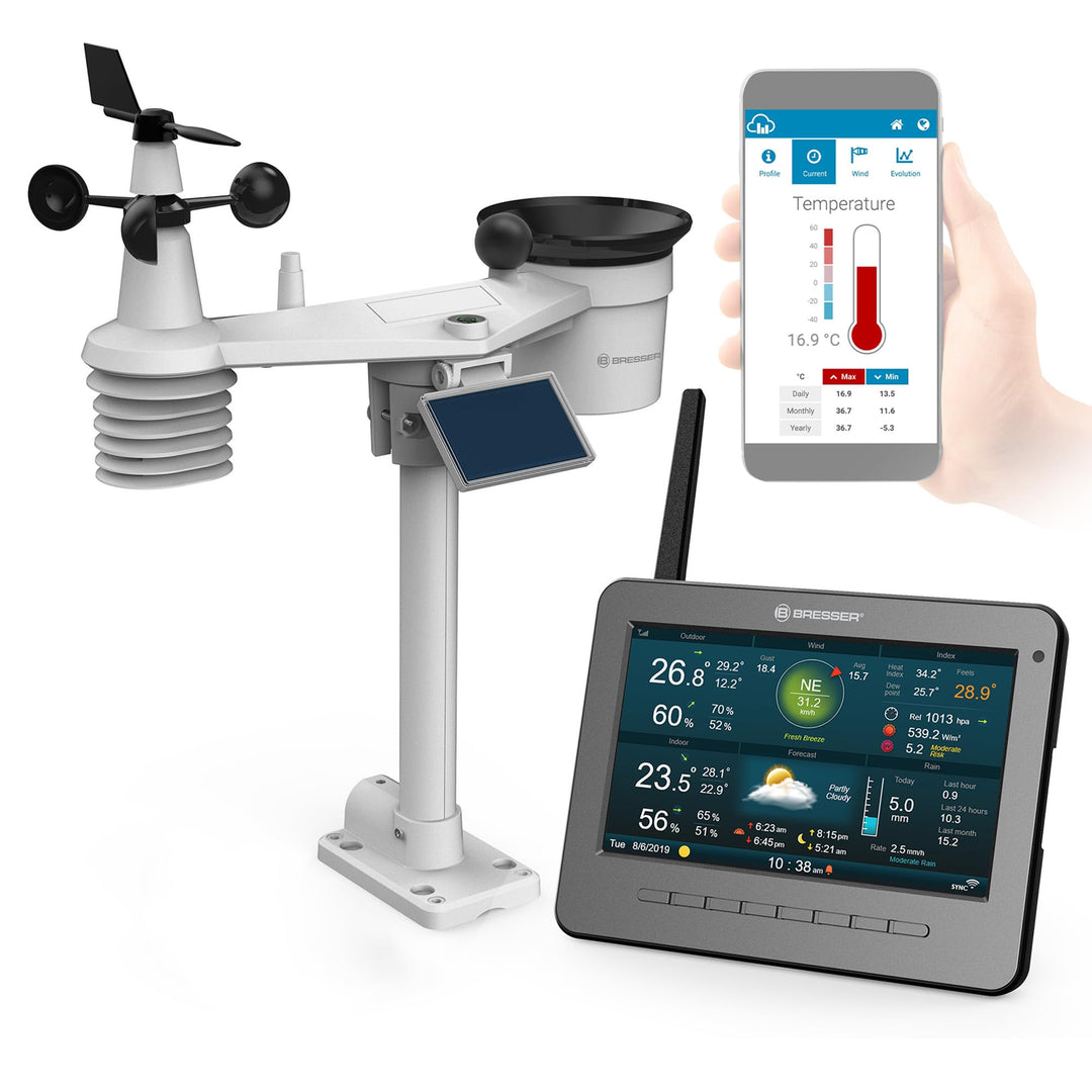 Bresser WLAN HD TFT Funk Wetterstation mit Profi Sensor und Regenmesser zur Messung von Wind, Luftfe