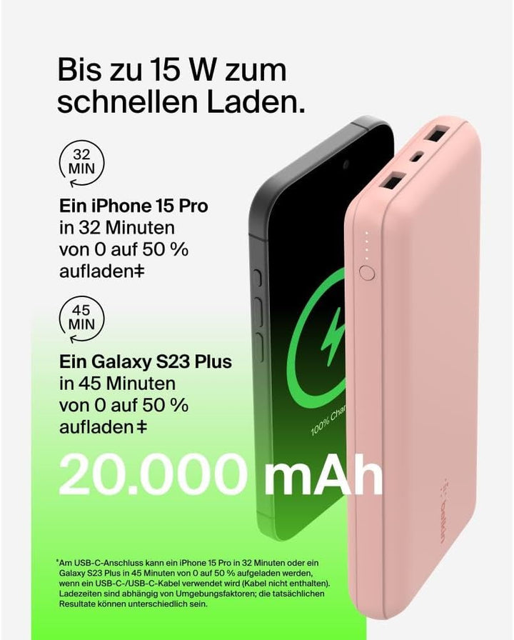 Belkin tragbares USB-C-Ladegerät, 20.000 mAh, 20K Powerbank mit USB-C-Ein-/Ausgang und 2 USB-A-Ansch