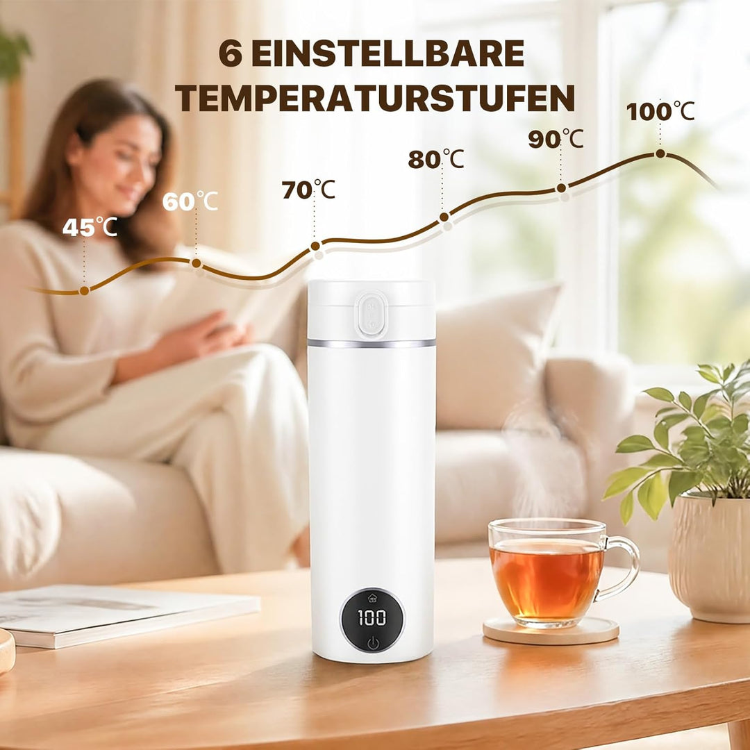 Reise Wasserkocher Klein, 450ML Mini Wasserkocher Tragbarer mit 6 Temperaturstufen, Heizung Automati
