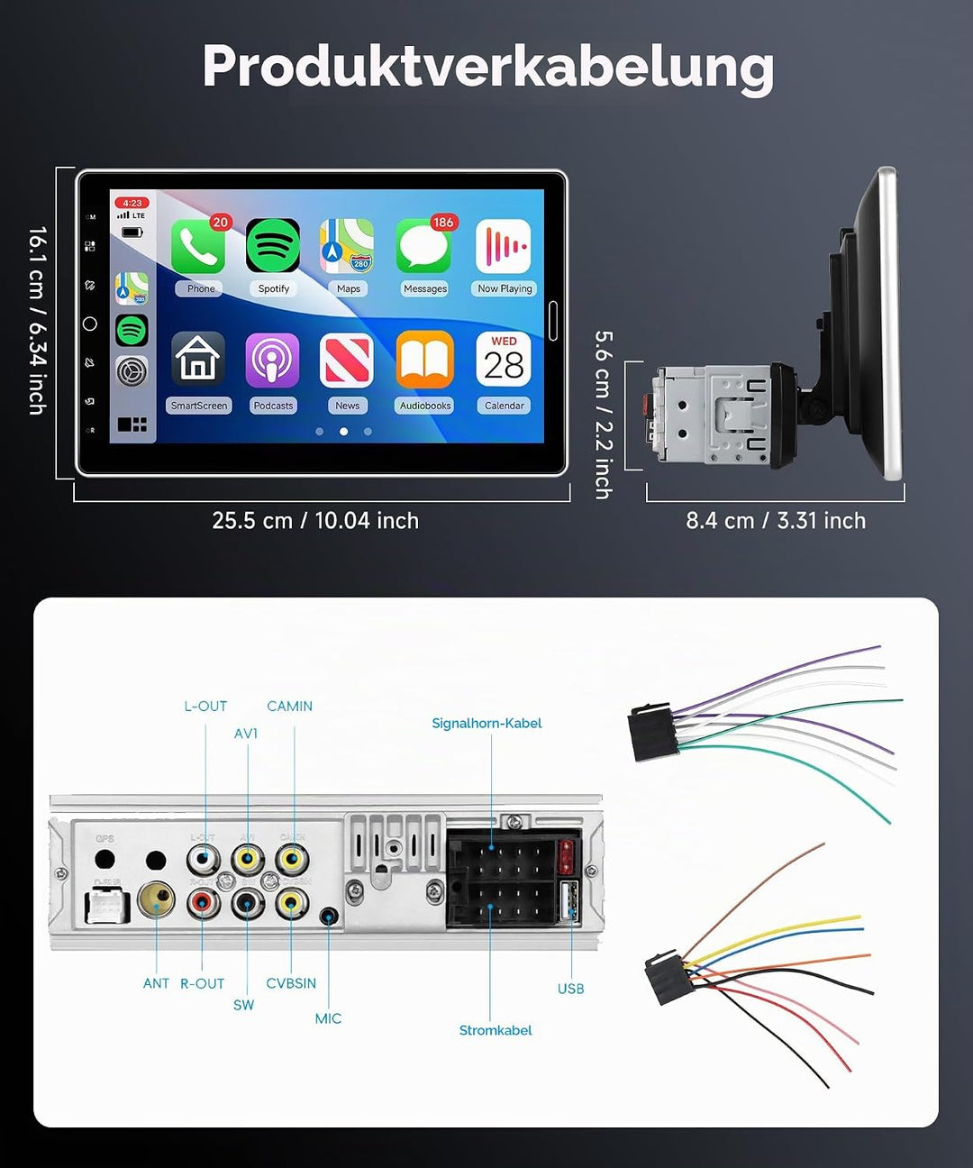 VECHTEL Autoradio 1 Din mit Drahtlos Carplay Android Auto, 10.1 Zoll HD IPS Touchscreen Autoradio mi