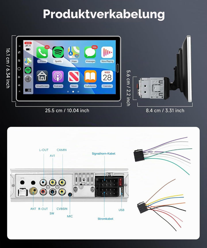 VECHTEL Autoradio 1 Din mit Drahtlos Carplay Android Auto, 10.1 Zoll HD IPS Touchscreen Autoradio mi